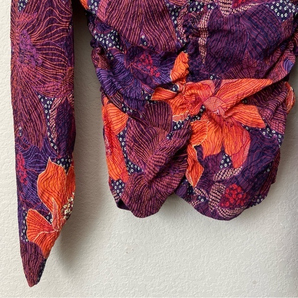 Zara Floral Chic Structured Shoulder Cinched Long Sleeve Blouse Top - Picture 11 of 11